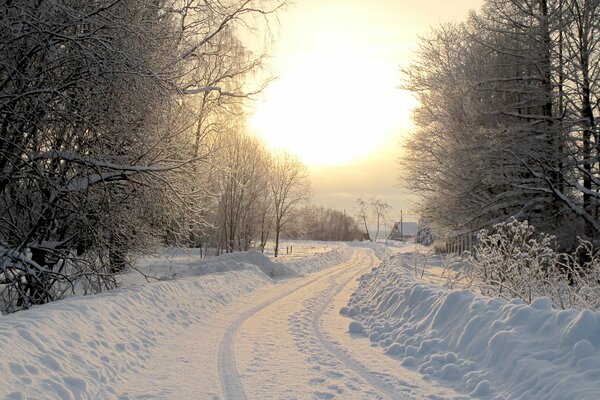 Winterlandschaft mit Straße und Häusern