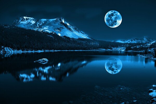 Reflexión nocturna de la Luna llena en el lago