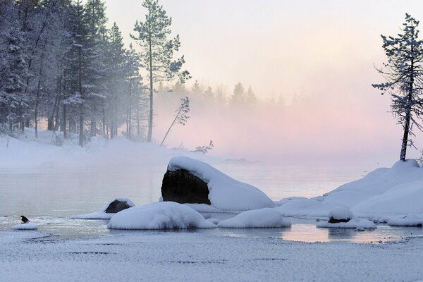 Frosty morning on a stormy river