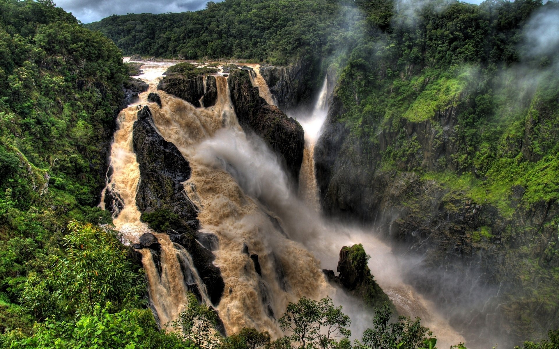 fiume cascata nebbia alberi