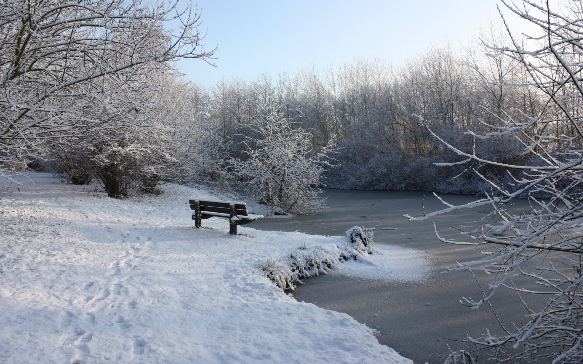 hiver rivière neige banc