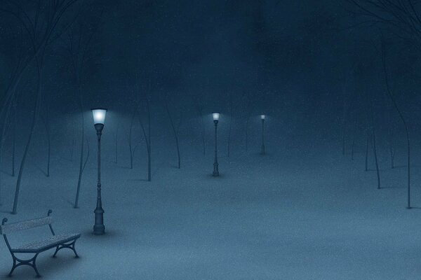 Boulevard enneigé la nuit, éclairé par des lanternes