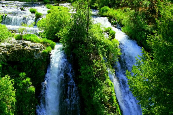 Huge waterfall bright green