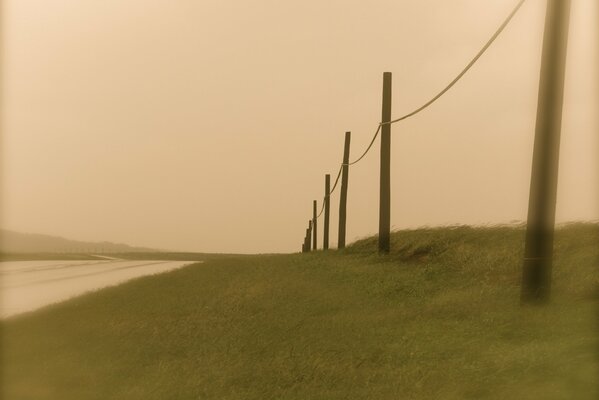 Postes en el camino de la tarde en el campo