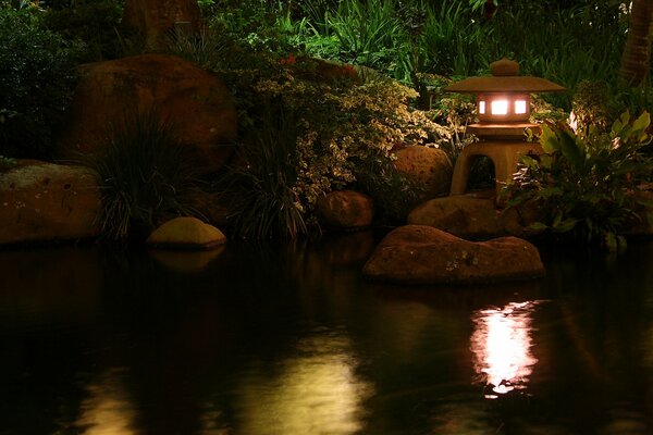 Reflection of the lamp light in the pond