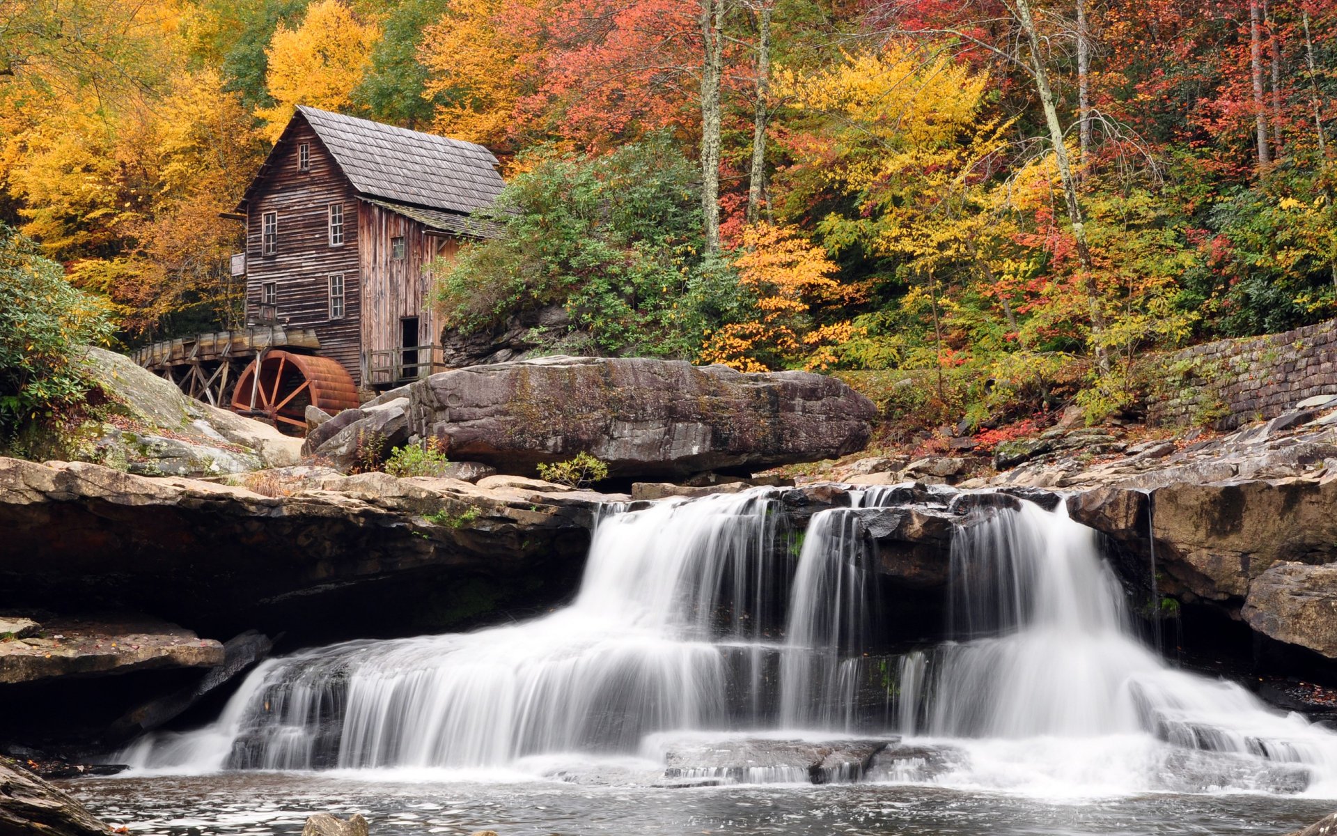 autumn mill forest waterfall west virginia babcock state park