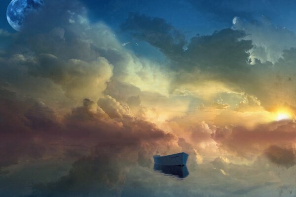 Nuages fantastiques moelleux avec un bateau noyé dans eux