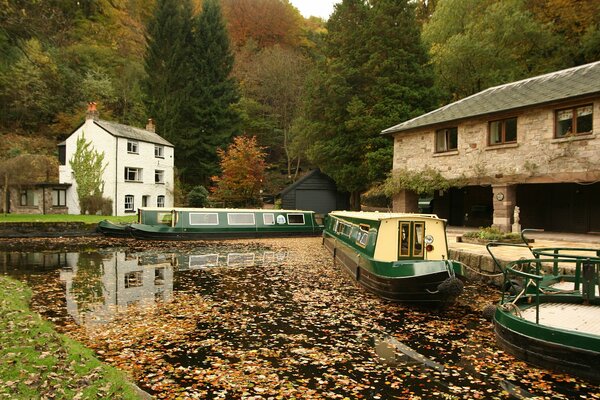 Boats on the river in a small town