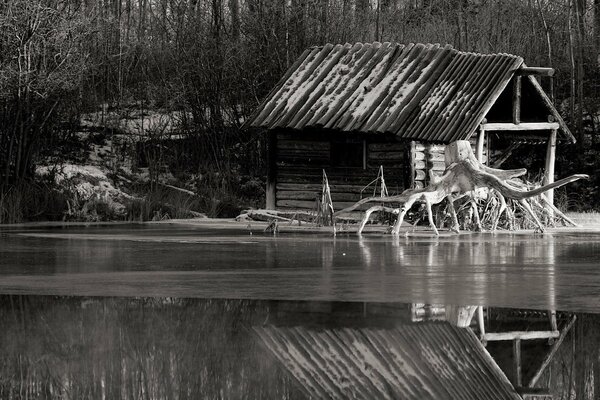 Black and white painting. A dilapidated house and a snag