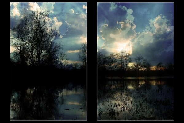 Blick aus dem Fenster auf den Sonnenuntergang und den See