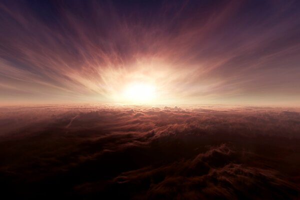 Die Grenzenlosigkeit der Wolken am roten Himmel