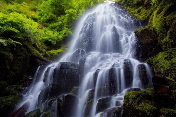 High waterfall in the mountains