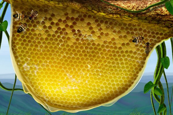 Honeycomb con api su sfondo blu