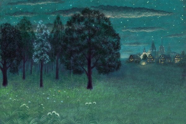 Disegno di alberi su uno sfondo di luci della città