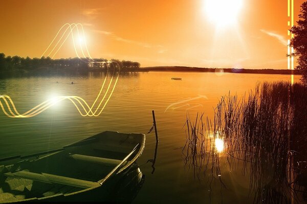 Boot im Fluss auf Sonnenuntergang Hintergrund