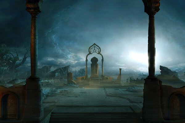 Fantasy-Friedhof mit Gewitterwolken im Hintergrund