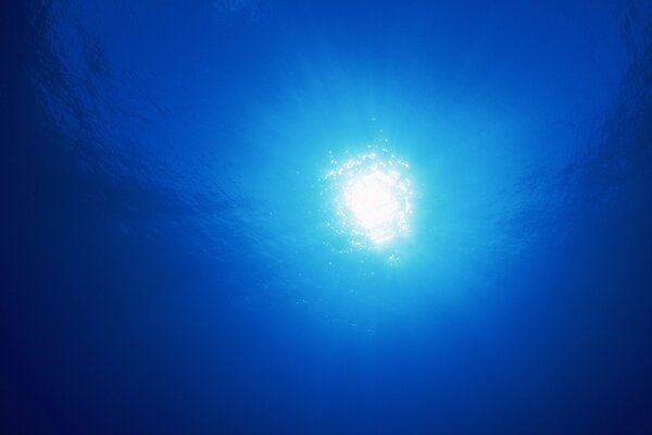 Foto de las profundidades del mar azul a la luz del sol brillante