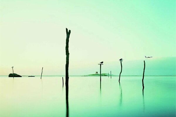 Agua pilares cielo reflexión verde turquesa