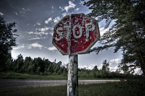 Stop sign in holes on the background of trees