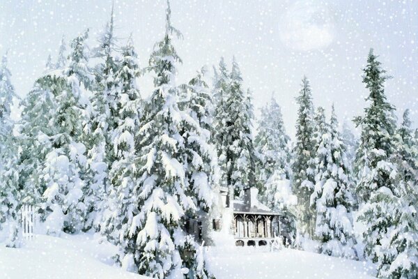 Maison dans la forêt couverte de neige