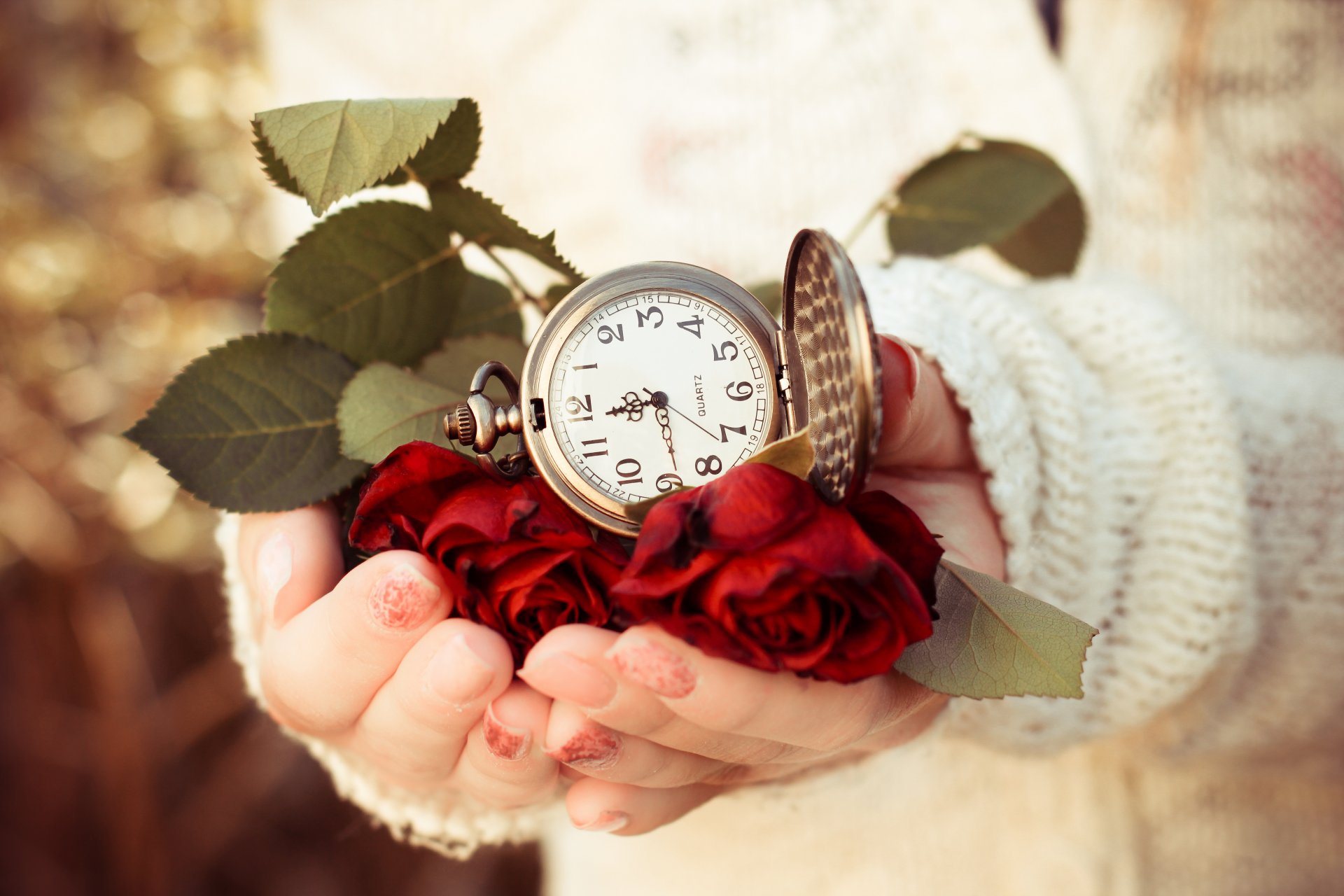 watches face time roses flower hands leaves sweater