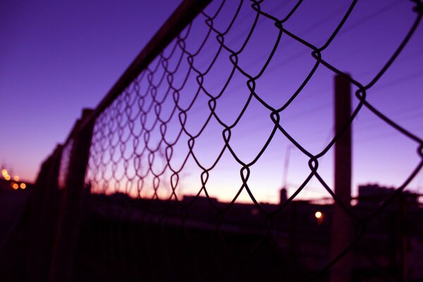 Rete di recinzione al tramonto viola