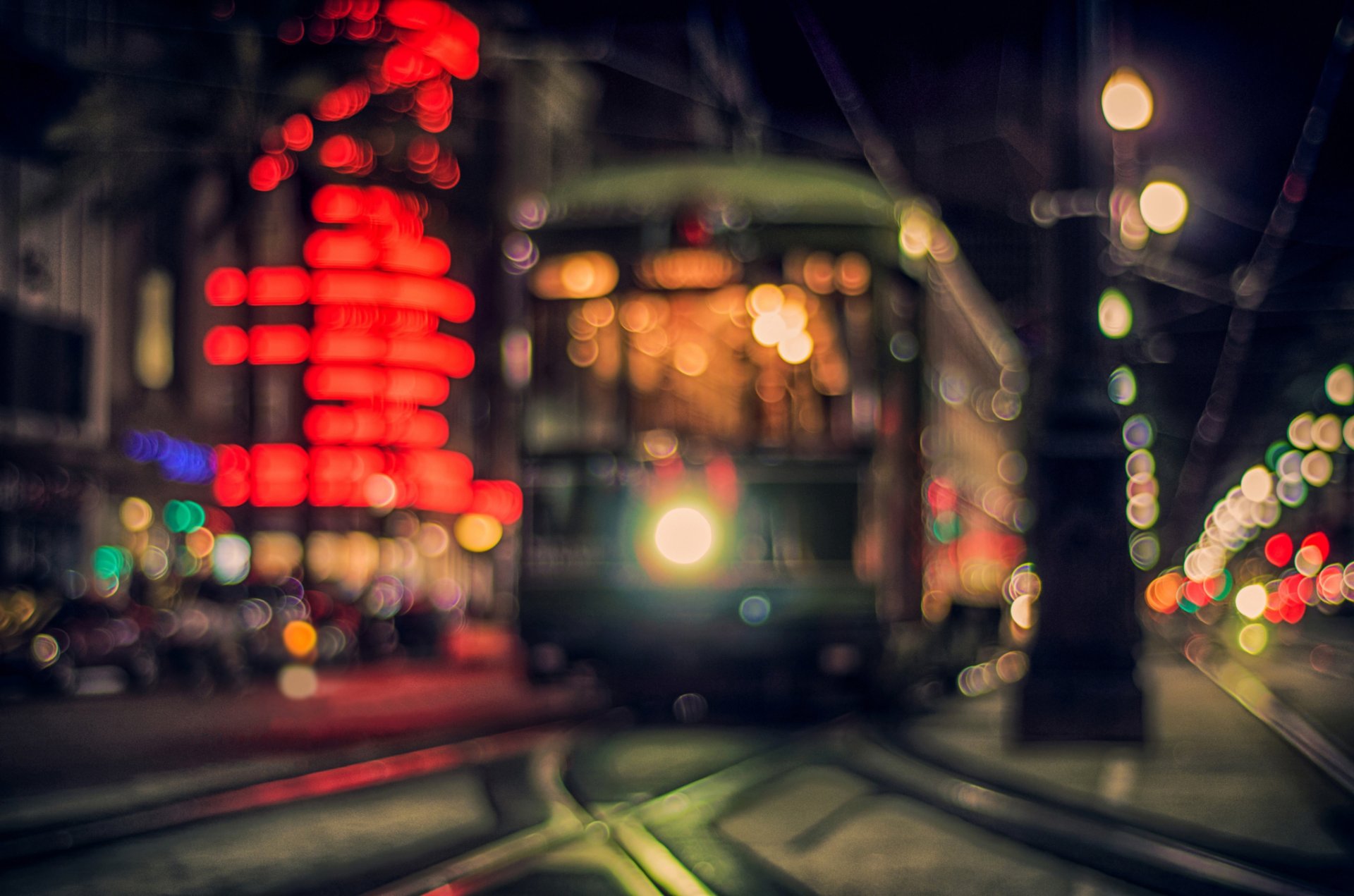 city tram road evening night bokeh lights lanterns light