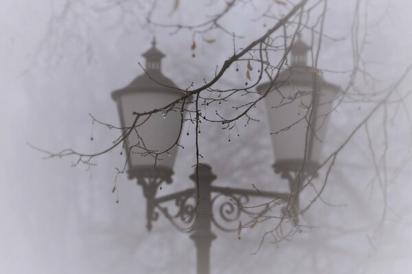 Linterna de ciudad antigua en la niebla