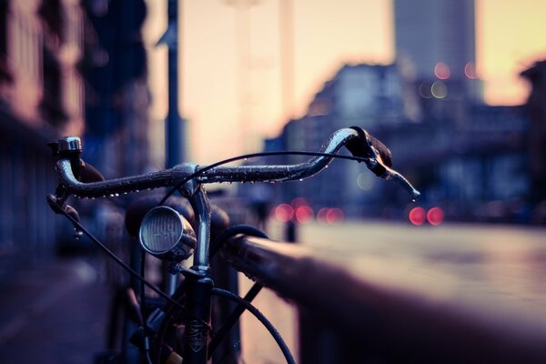 Bicicletta alla ringhiera sullo sfondo della città serale