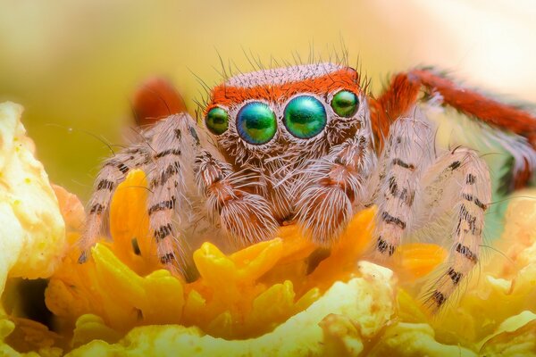 Der Blick einer niedlichen Spinne auf einer Blume