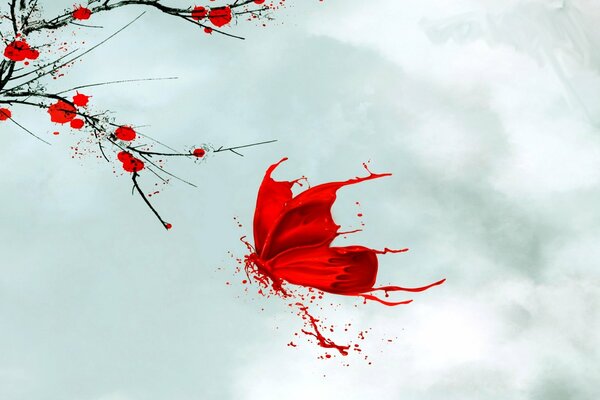 Red butterfly on a rainy sky background