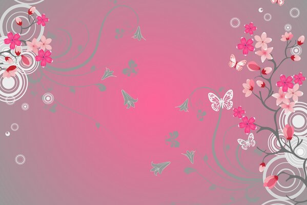 Flowers and butterflies on a pink background