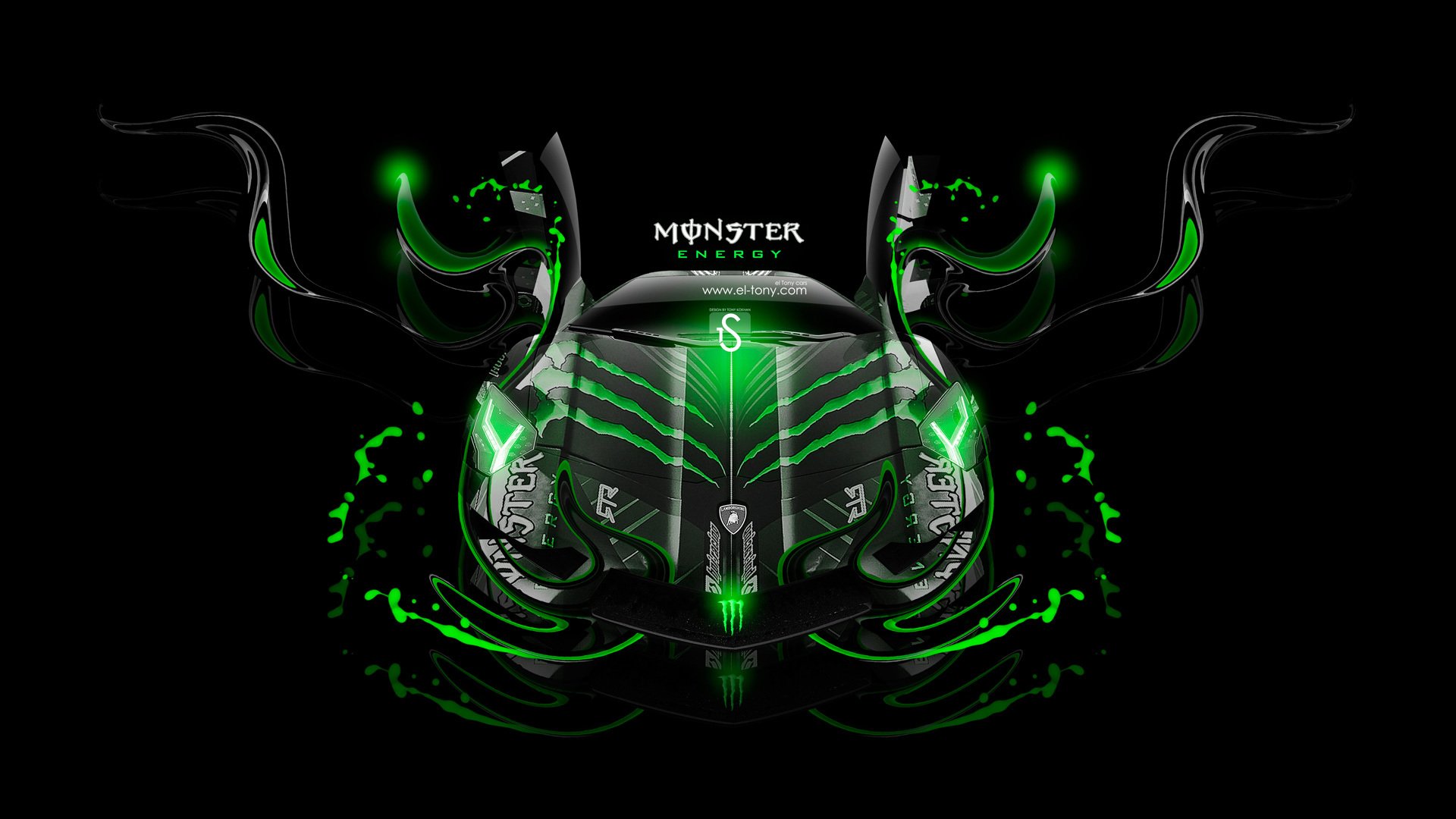 lamborghini aventador monster energy fantasy néon vert el tony voitures tony kohan conception noir lamborghini monster energy effets arrière-plan photoshop