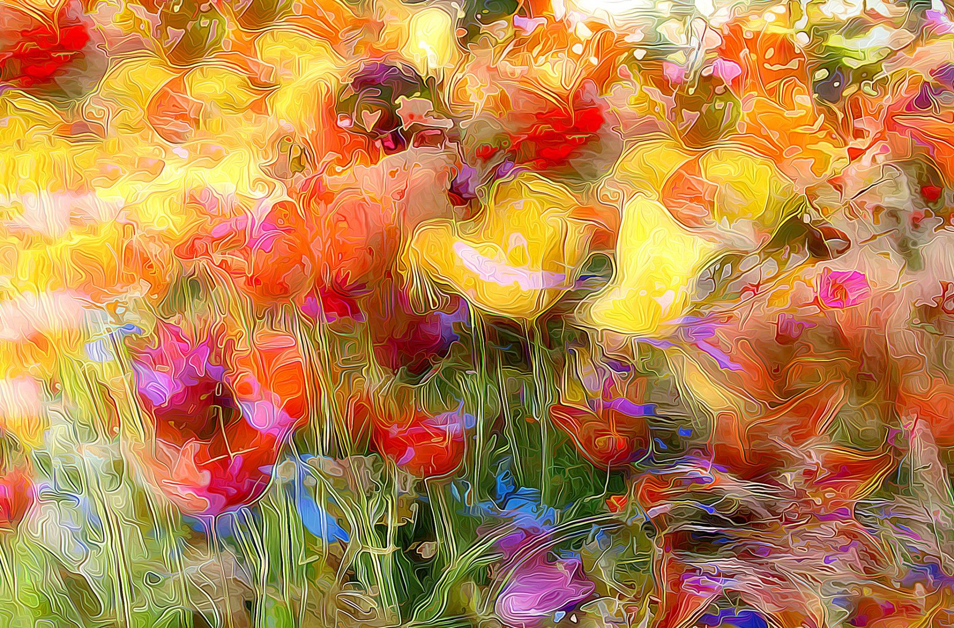 the field meadow nature flower poppy tulip rendering