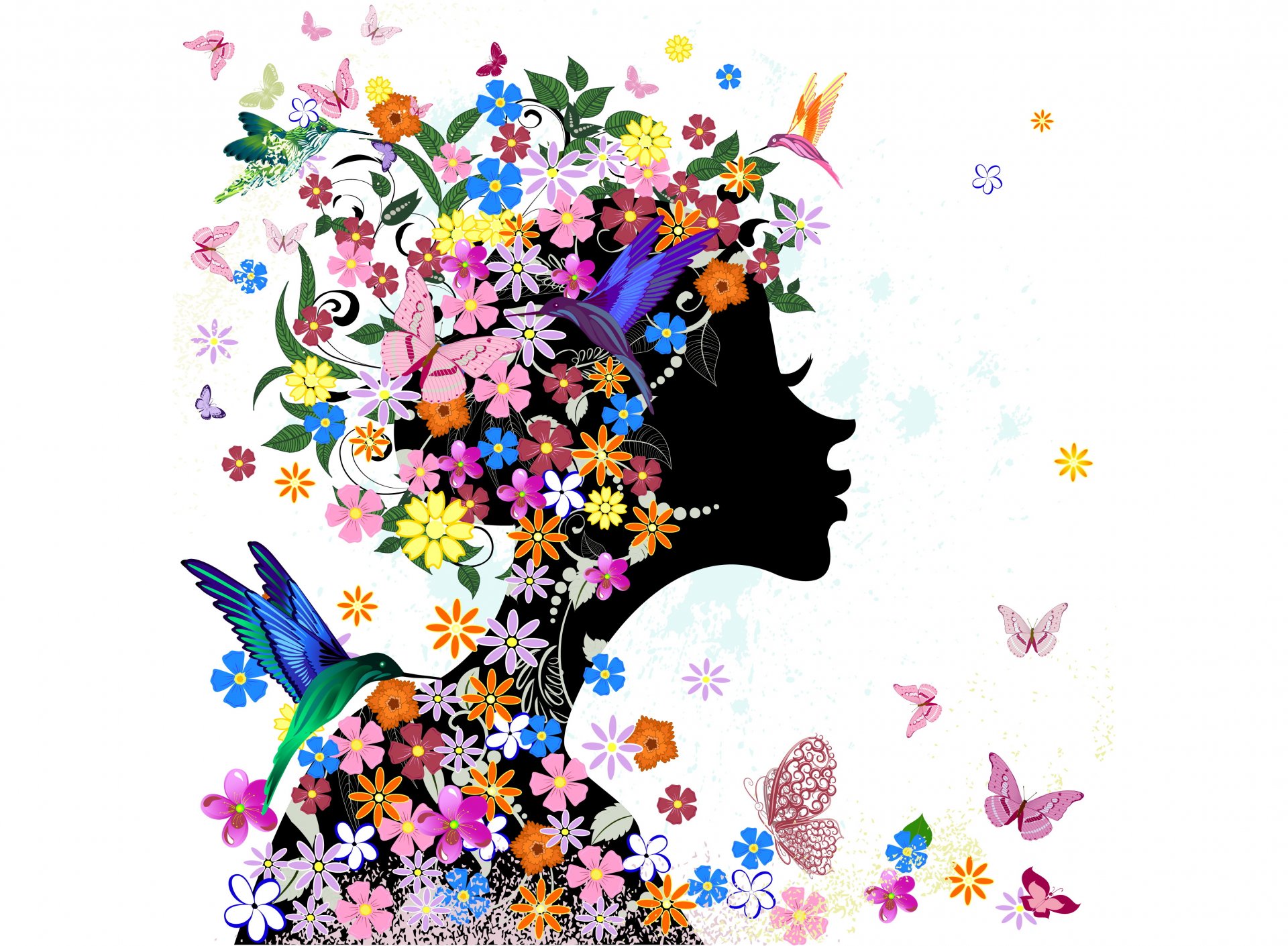 abstraction girl butterflies birds flowers butterflie