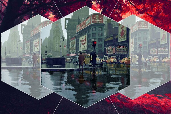 In hexagons, autumn rain on the street with people walking and cars driving