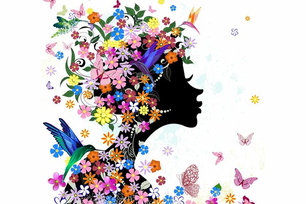 Silhouette of a flower girl with birds and butterflies