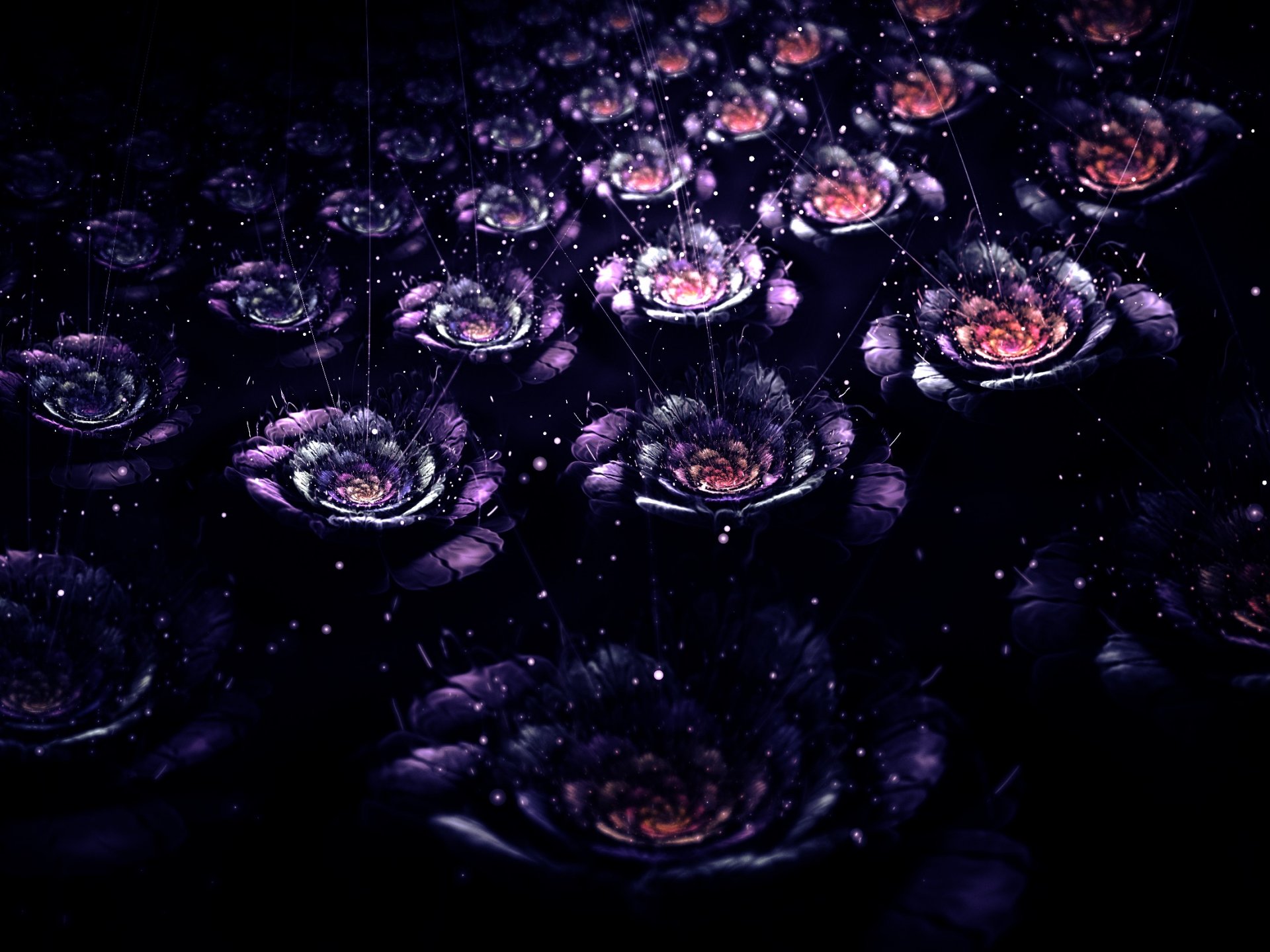 3d graphisme abstraction fleurs dispersion fractale bokeh rayons