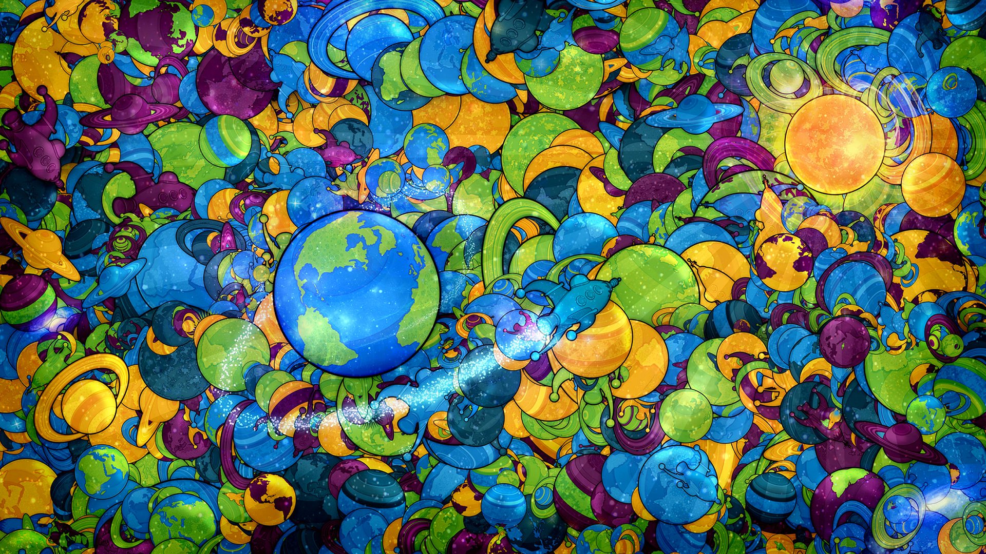 planet land space rocket ship saturn flower