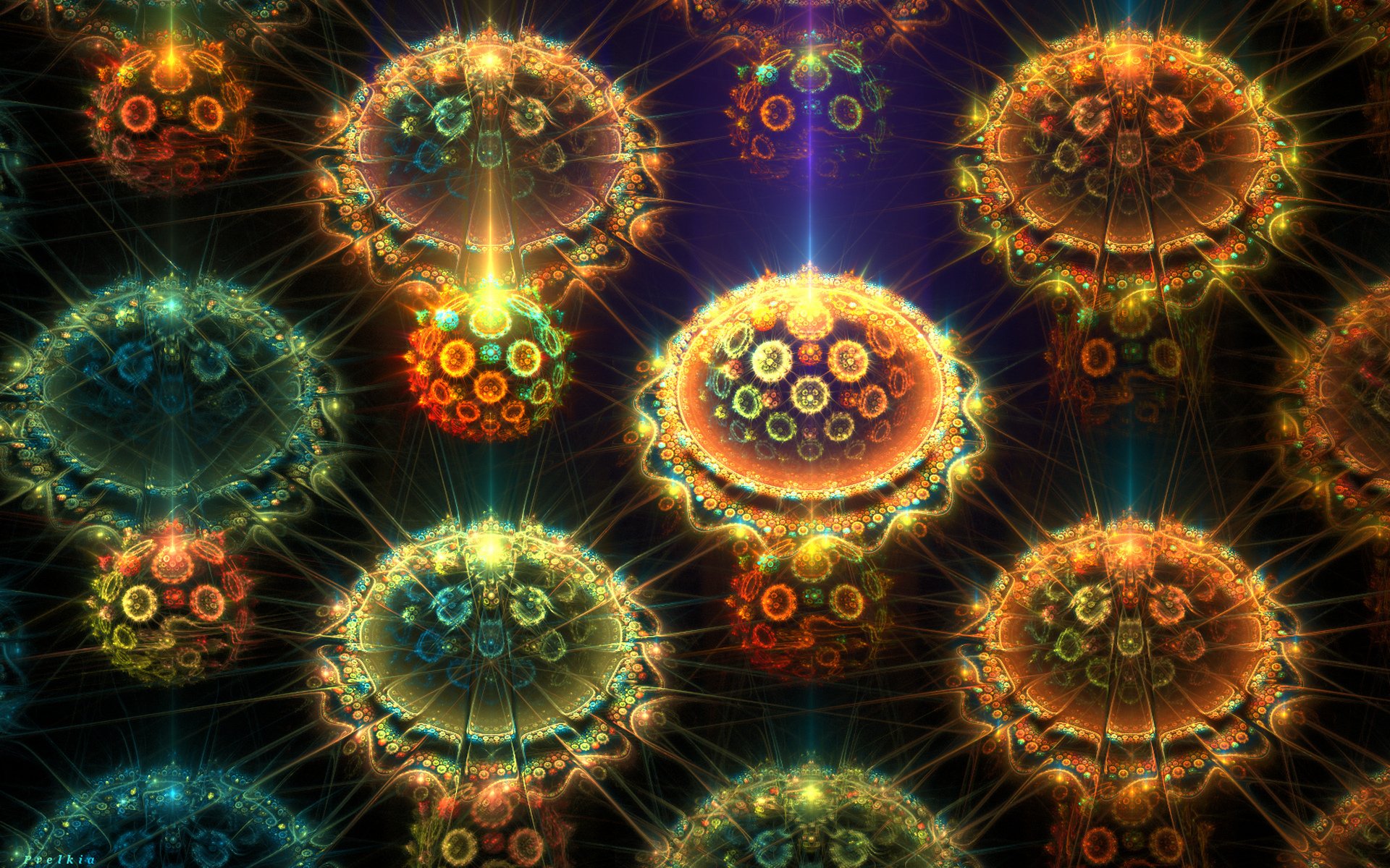 graphics fractal art composition following circumference rays colors background