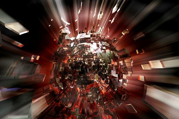 The core explodes, fragments fly apart