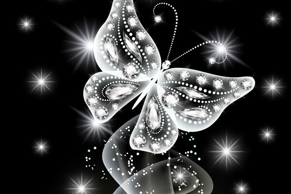 On a black background, a white butterfly and sequins