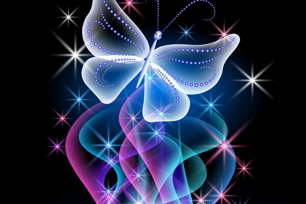 Glänzender transparenter Schmetterling im Neonlicht auf schwarzem Hintergrund