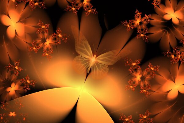 Abstract yellow orange butterflies and flowers