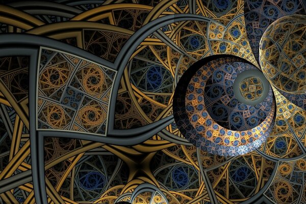 Muster in Form eines Halbmondes und Spiralen in blauen und goldenen Farben
