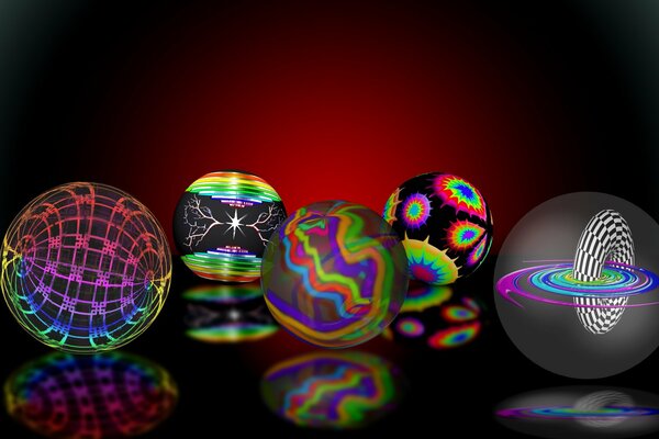 Five colorful balls with reflections