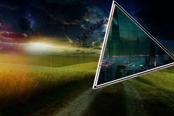 Imagen de una ciudad cibernética con un portal triangular