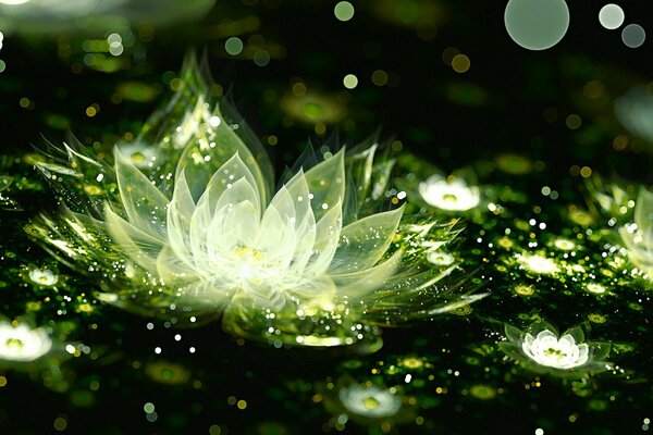 Lily on the water, fireflies around