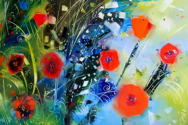 Coquelicots dans l abstraction et l herbe verte