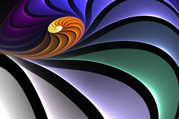 Graphic picture in the form of a multi-colored spiral with many bends and lines